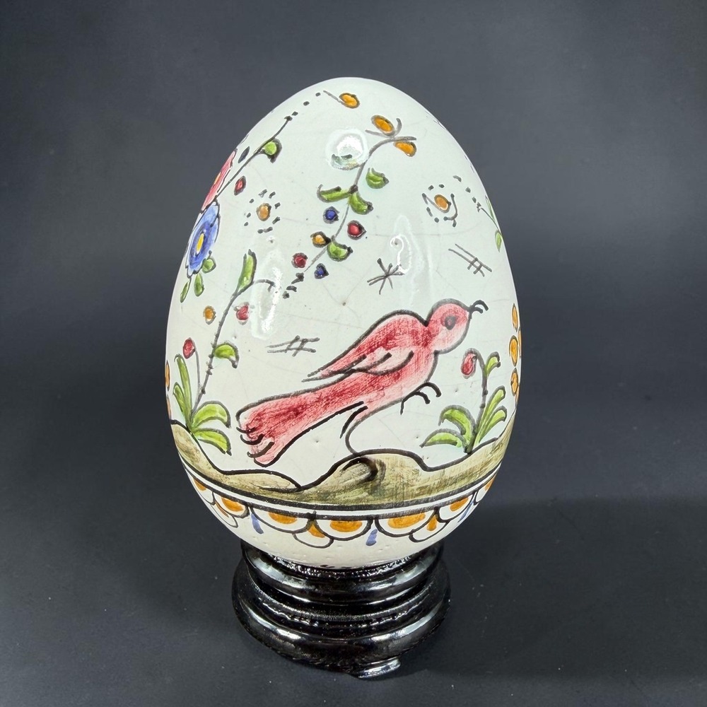 Filcer Portugal Hand Painted Ceramic Egg Bird Floral SEC XVII 479 With Stand